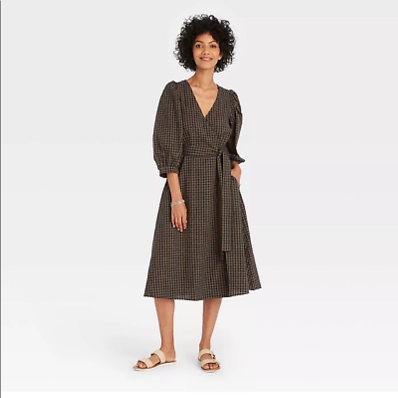 a new day Dresses & Skirts - A New Day Women's Blue/Green Plaid| Puff Sleeves Wrap Dress| Size Small